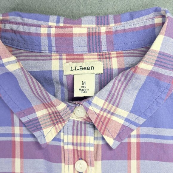 LL Bean Shirt Womens Medium Purple Pink Plaid Long Sleeve Cotton Classic Preppy - Picture 3 of 9